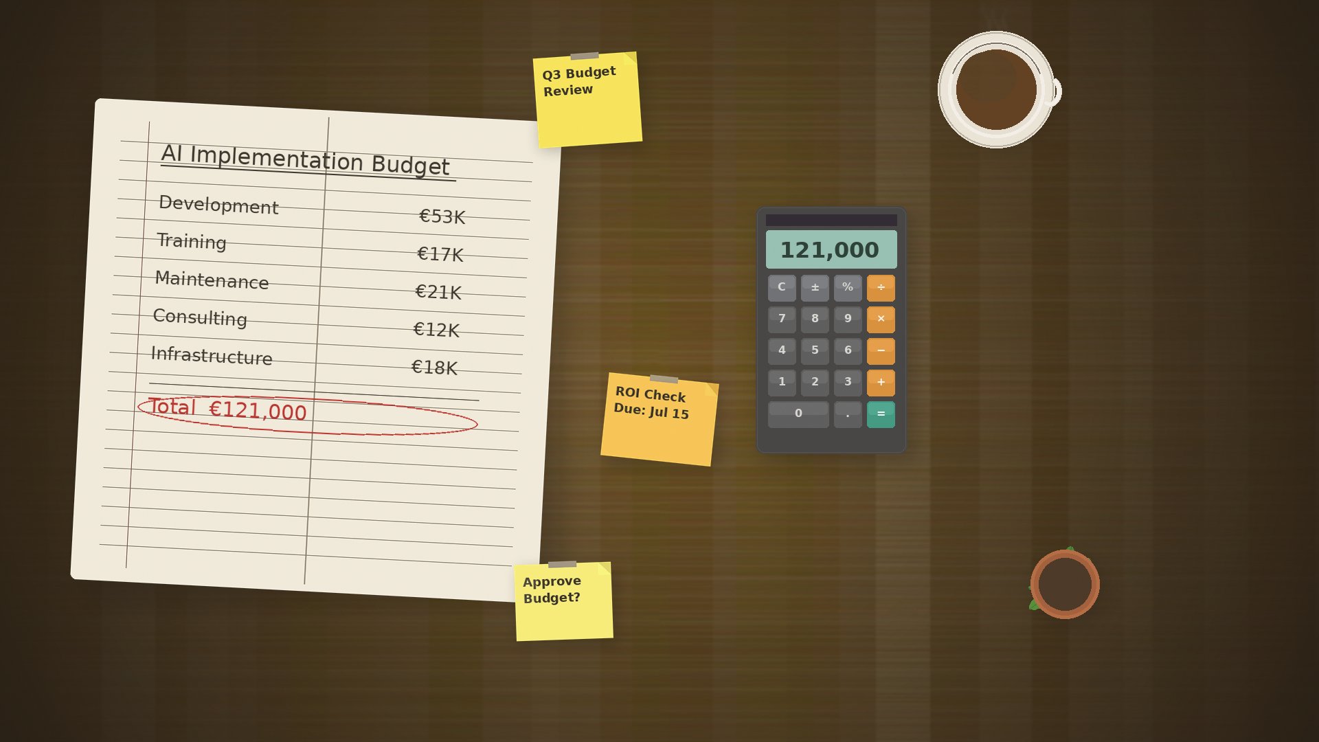 Budget notebook with AI implementation cost breakdown